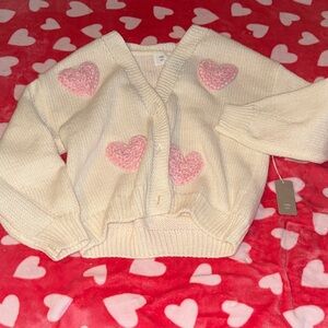 Luna And Ivy Cream Cardigan Sweater with Pink Heart Appliqués